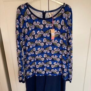 Blue Long Sleeve Dress with Patterned Top